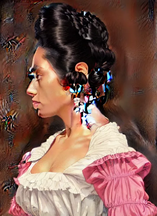 Image similar to 3 / 4 view of a portrait of a hispanic woman in victorian clothing, confident pose, intricate, elegant, sharp focus, illustration, highly detailed, concept art, matte, trending on artstation, anime, art by james jean and artgerm and brian despain and alberto mielgo, greg rutkowski, wlop, ilya kuvshinov, strong strokes