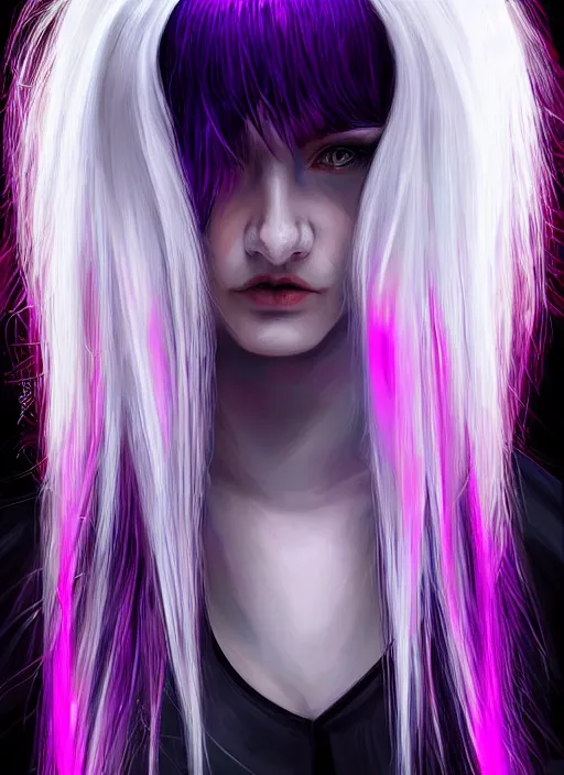 Prompt: hair whitebangs hair, black cyberlox, portrait of teenage girl with white bangs, whitebangsblackhair, messy bangs, cyberlox, whitebangs, red irises, purple clothes, intricate, elegant, glowing lights, highly detailed, digital painting, artstation, concept art, sharp focus, illustration, art by wlop, mars ravelo and greg rutkowski