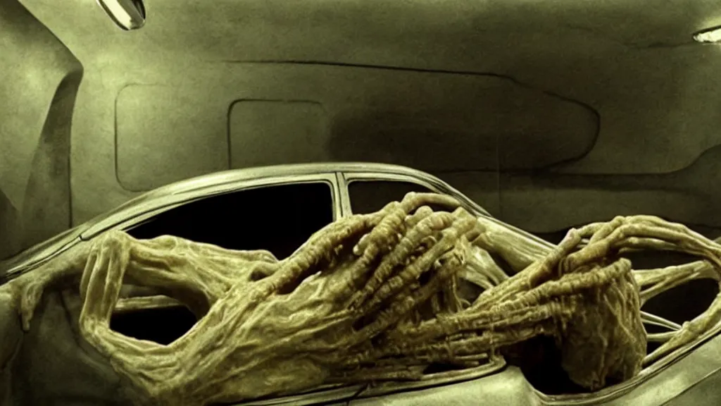 Image similar to the creature sits in a car, made of wax and metal, they look me in the eye, film still from the movie directed by Denis Villeneuve and David Cronenberg with art direction by Salvador Dalí, wide lens