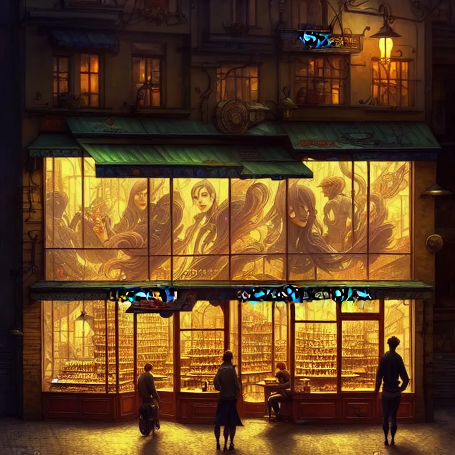 Image similar to a coffee shop store in The City of Ukraine at night with a few customers, extreme plus resolution fantasy concept art, intricate details to everything visible, sharp lighting, Dramatic light by denis villeneuve, strong emphasis on alphonse mucha, Makoto Shinkai