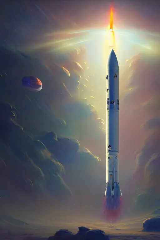 Image similar to a space rocket launching from the nasa, extremely detailed digital painting, in the style of fenghua zhong and ruan jia and jeremy lipking and peter mohrbacher, mystical colors, rim light, beautiful lighting, 8 k, stunning scene, raytracing, octane, trending on artstation
