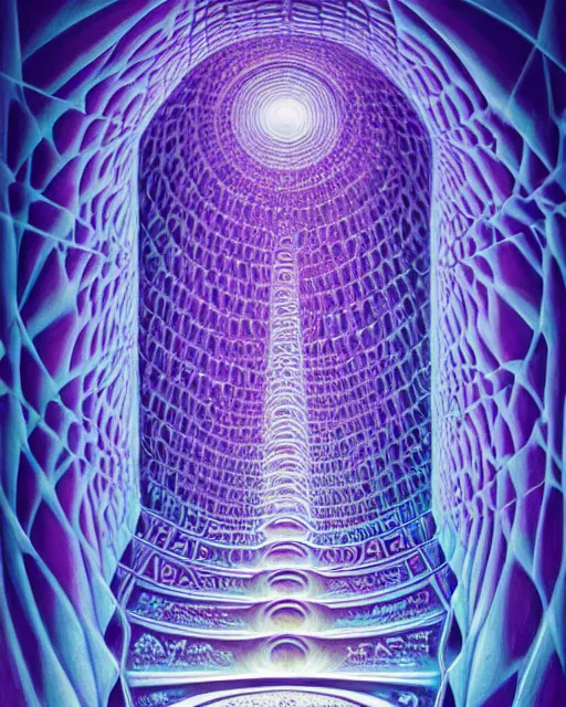 Image similar to detailed realistic geometric painting of a diorama of a mandelbulb white masonic temple inside of a hollow skull carved out of illuminating cyan light in the purple frozen tundra with ruy gems in ice double helix igloo stacked like jenga symmetry by alex grey