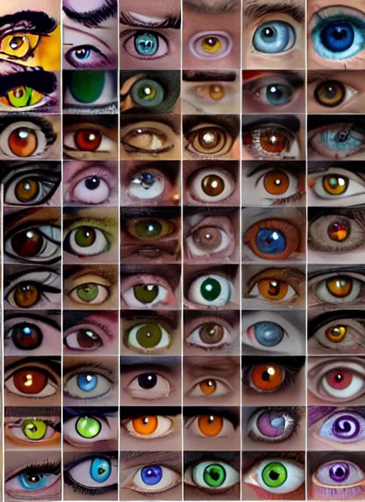 Image similar to diverse eyes!, dot pupils, vitals visualiser!!, advanced art, art styles mix, from wikipedia, grid of styles, various eye shapes