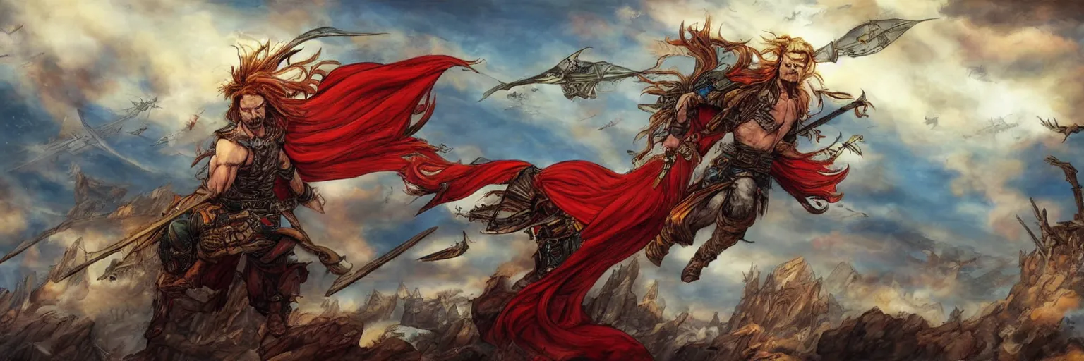 Image similar to colored pencils an epic fantasy comic book style painting of a long haired, red headed male sky - pirate in front of an airship, fine details, concept design, contrast, kim jung gi, pixar and da vinci, trending on artstation, 8 k, ultra wide angle