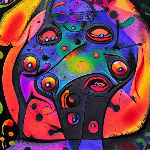 Image similar to 3D masterpiece, black background, psychedelic therapy, artwork by joan miro, trending on ArtStation, 3D ink splatters, 3D pen lines, incredible detail, creative, positive energy, happy, unique, negative space, face, artgerm