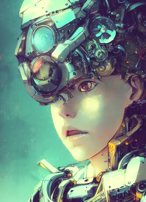 Image similar to surreal illustration, by yoshitaka amano, by ruan jia, by conrad roset, by Kilian Eng, by good smile company, detailed anime 3d render of a female mechanical android, portrait, cgsociety, artstation, modular patterned mechanical costume and headpiece, retrowave atmosphere