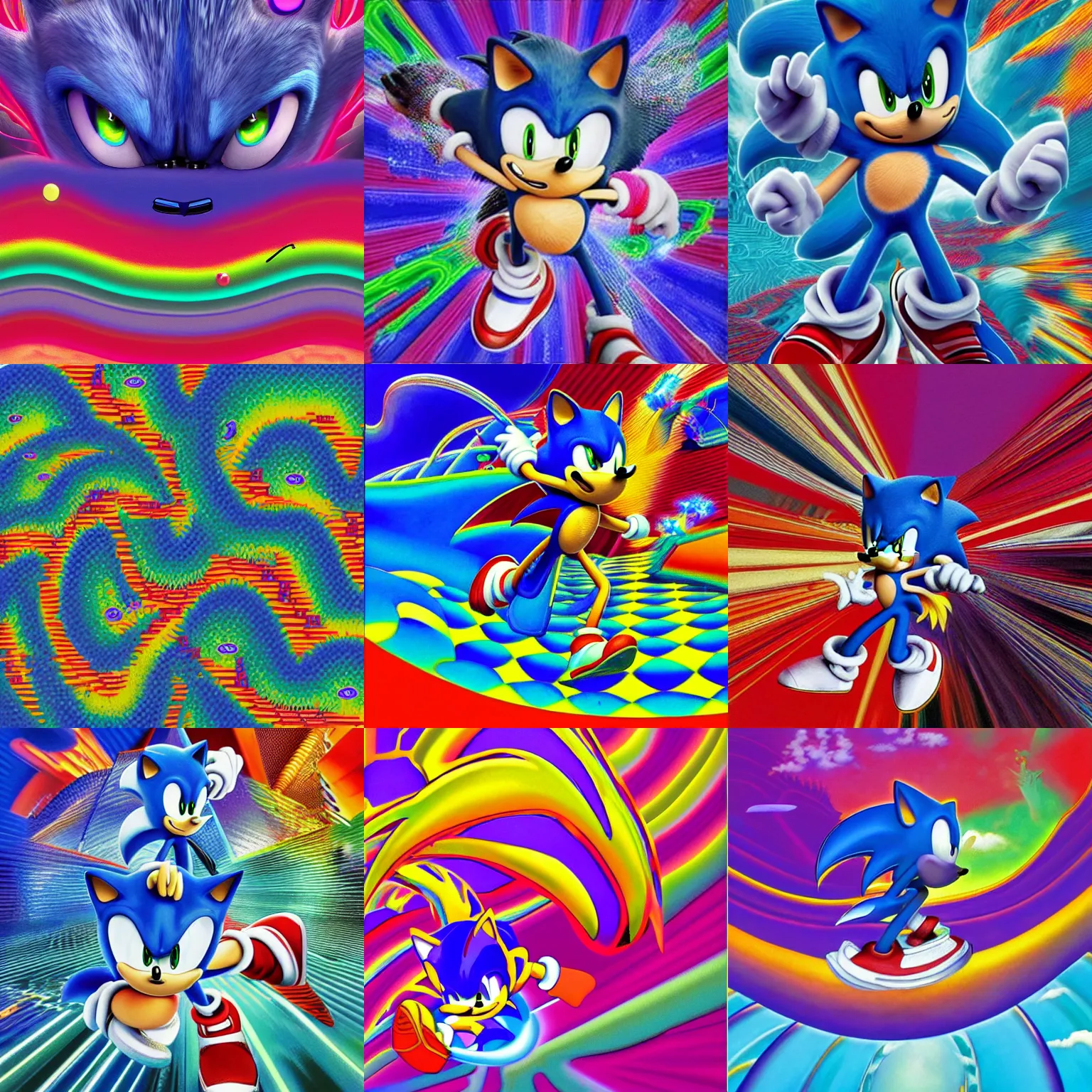Prompt: sonic the hedgehog in a recursive surreal, sharp, detailed professional, high quality airbrush art MGMT tame impala album cover of a liquid dissolving LSD DMT sonic the hedgehog surfing through cyberspace, purple checkerboard background, 1990s 1992 Sega Genesis video game album cover,