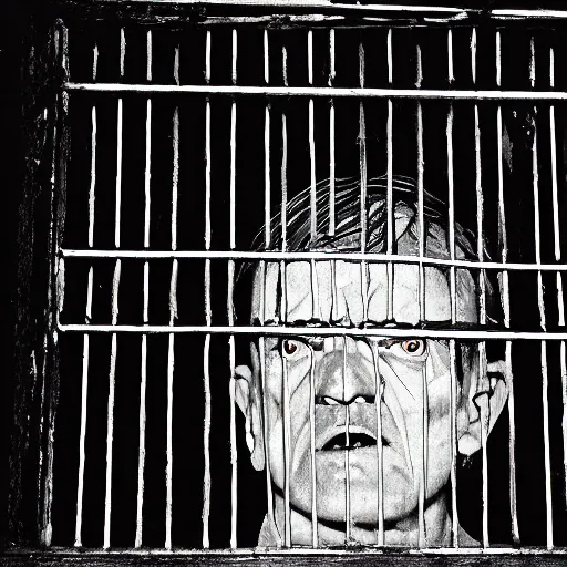 Image similar to mark e smith lurking in a dark scary castle, light shining through bars in the window