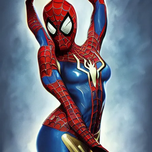 Image similar to an attractive female spiderman wearing an blue ornate metallic helmet, adriana lima, olive skin, long dark hair, beautiful bone structure, intricate, elegant, highly detailed, digital painting, artstation, concept art, smooth, sharp focus, illustration, art by artgerm and greg rutkowski and alphonse mucha