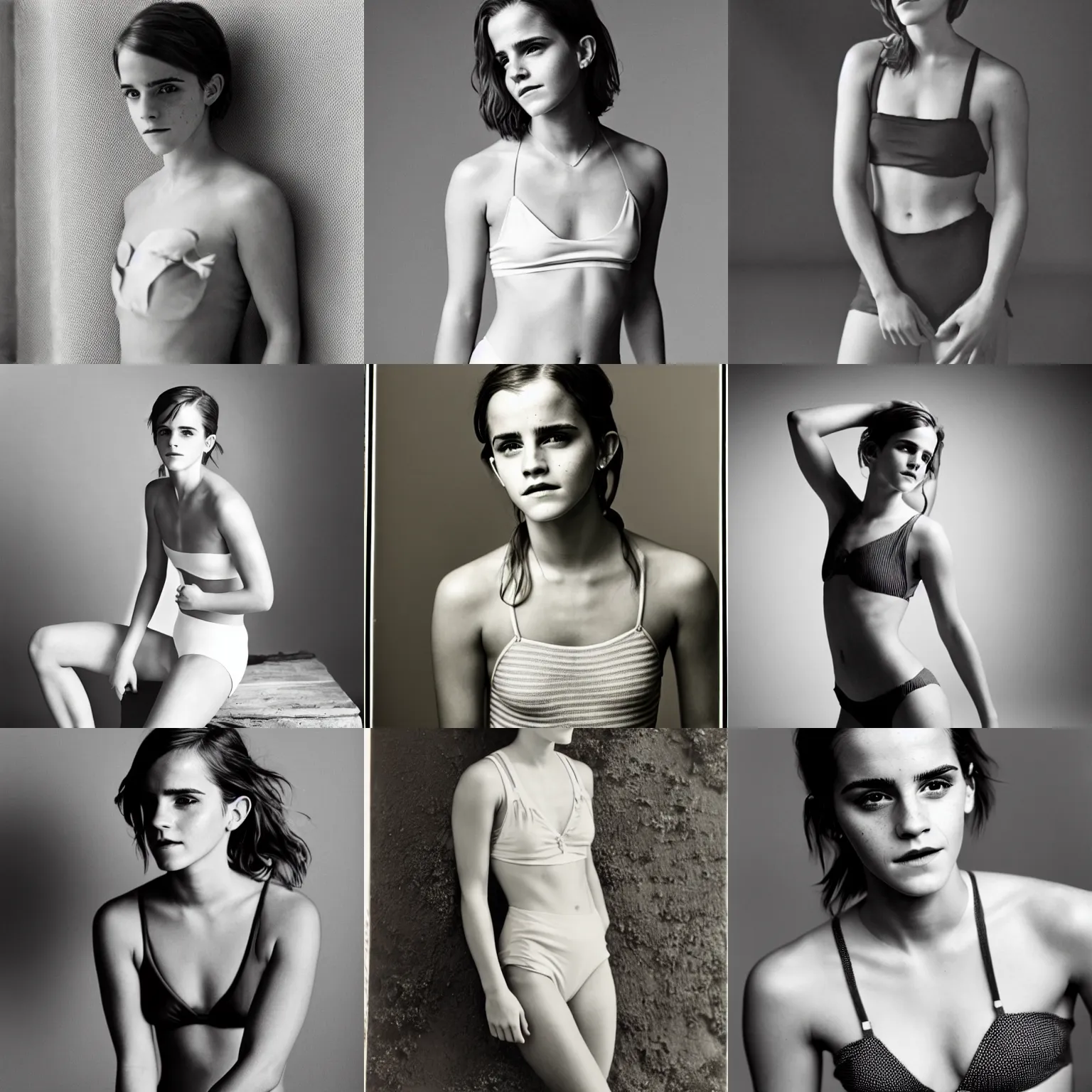 Prompt: Photo of Emma Watson in swimsuit, soft studio lighting, photo taken by Dorothea Lange for Abercrombie and Fitch, award-winning photograph, 24mm f/1.4