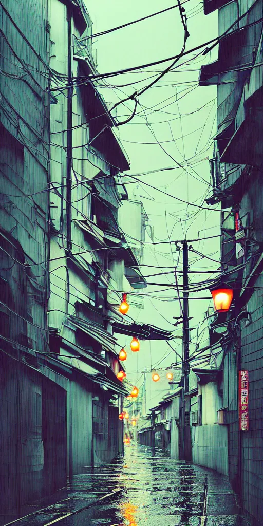 Image similar to tokyo alleyway, rainy day, lights, ( ( ( cables ) ) ) by cory loftis, makoto shinkai, hasui kawase, james gilleard, beautiful, serene, peaceful, lonely, golden curve composition
