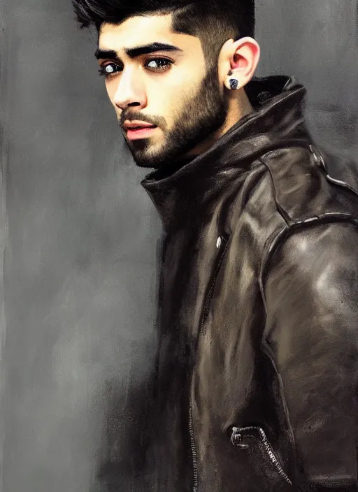 Image similar to portrait painting of zayn malik as an elf by jeremy mann, wearing leather high collared jacket, only one head single portrait, pointy ears