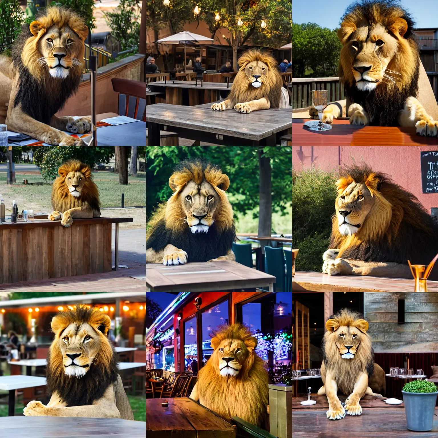 Prompt: A lion sitting at table of an outdoor bar.