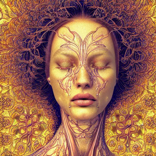 Image similar to face portrait of a beautiful woman, 150 mm, anatomical, flesh, flowers, mandelbrot fractal, veins, arteries, symmetric, intricate, golden ratio, full frame, microscopic, elegant, highly detailed, ornate, ornament, elegant , luxury, beautifully lit, ray trace, octane render in the style of peter Gric , alex grey and Romero Ressendi