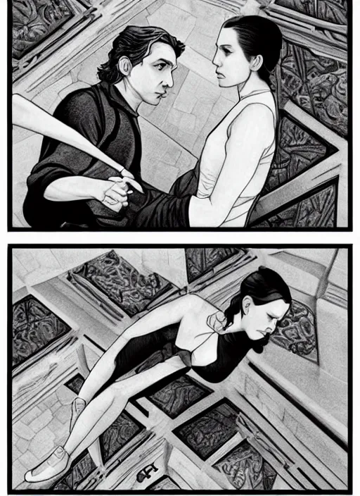 Image similar to reylo in the style of m. c. escher