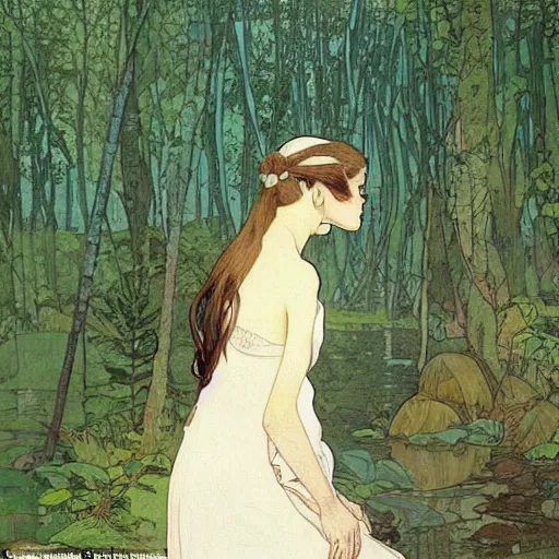 Prompt: a beautiful painting of the back view of a young lady in white dress sitting by the river in a grown forest, applying shampoo to her dark long hair, sunlight reflected on the river, by Mucha and Moebius