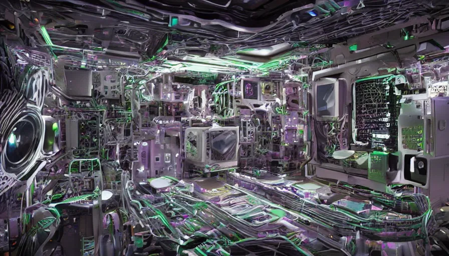 Prompt: the inside of a computer but al the tech is made of biological organic matter tissue, biology, photo - realistic, detailed