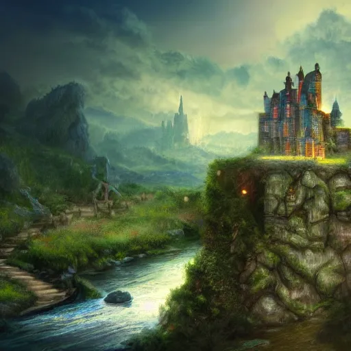 Image similar to castle, celestia, eden, river, fantasy artwork, award winning, very very very very very very very beautiful scenery, artstation