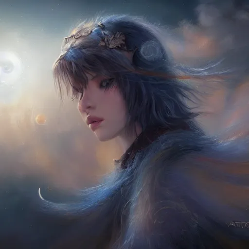 Image similar to portrait of a beautiful calico cat celestial background, detailed face, fantasy, highly detailed, cinematic lighting, digital art painting by artgem and greg rutkowsk, trending on artstation, very very beautiful, very attractive, high fantasy