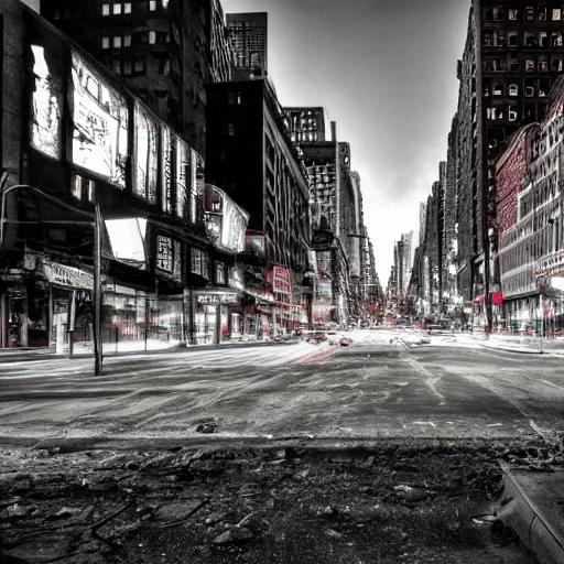 Prompt: color photograph, highly detailed abandoned New York city street at night after the war between humans and AIs, film grain, soft vignette, Canon EOS Digital Rebel XTi, 100-300mm Canon f/5.6, Exposure time: 1/160, ISO 400, IMAX 70mm footage