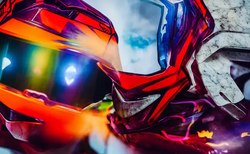 Image similar to beautifully lit medium close up photo of a white marble statue of an anime girl with colorful motocross logos and motorcycle helmet with closed visor, colorful smoke in the background, carved marble statue, fine art, neon genesis evangelion, virgil abloh, offwhite, denoise, highly detailed, 8 k, hyperreal