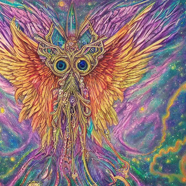 Prompt: angelic ophanim Lovecraftian celestial covered in eyes feathers and wings, oil painting award winning, chromatic aberration sharp colors, symmetrical geometry sublime angel covered in eyes be not afraid