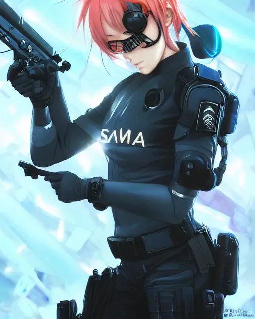 Image similar to nami, anime key visual of a young female swat officer, neon, cyberpunk, futuristic, white outfit, black swat vest, swat helmet, holding pdw, stunning, highly detailed, digital painting, smooth, soft focus, illustration, 4 k digital art from artstation by artgerm and greg rutkowski and alphonse mucha