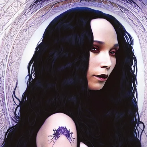 Image similar to zoe kravitz as morticia addams, masterpiece, intricate, elegant, highly detailed, digital painting, artstation, concept art, smooth, sharp focus, illustration, art by artgerm and greg rutkowski and alphonse mucha and uang guangjian and gil elvgren and sachin teng, symmetry!!