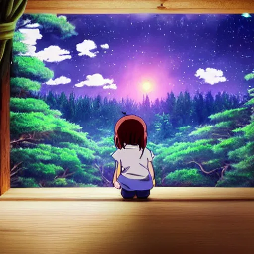 Prompt: in studio ghibli, moving castle, photo realistic, forest with detail, little girl dreaming with beautiful sky, aurora, supernova