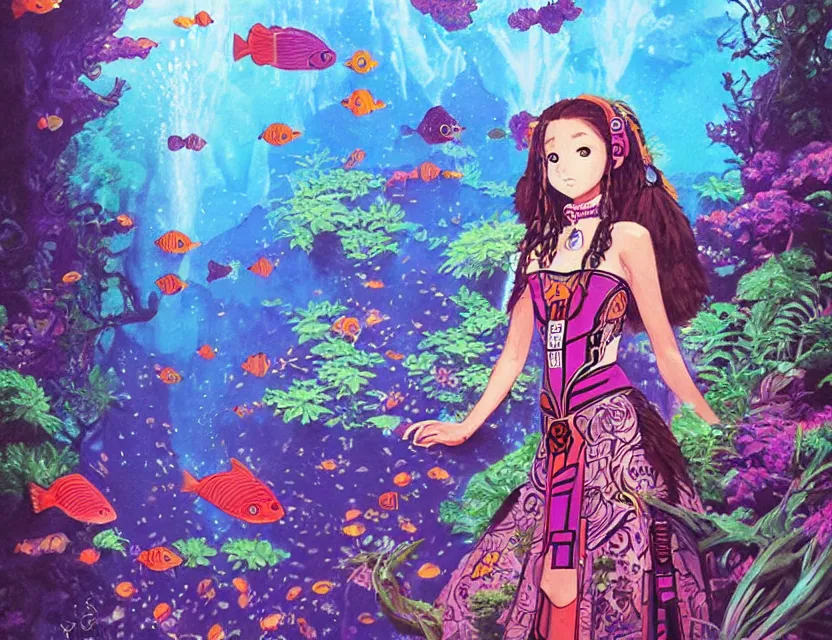 Prompt: aztec scifi princess in a planted aquarium, wearing a lovely dress. this oil painting by the award - winning mangaka has an interesting color scheme and impeccable lighting.