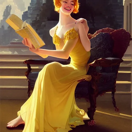 Prompt: a smiling emma stone wearing a yellow dress and reading a book, masterpiece, intricate, elegant, highly detailed, digital painting, artstation, concept art, smooth, sharp focus, illustration, art by artgerm and greg rutkowski and alphonse mucha and uang guangjian and gil elvgren and sachin teng, symmetry!!