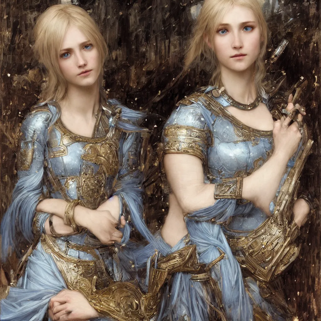 Image similar to armored beautiful pale platinum - blonde young woman with light blue eyes, soft gaze, a golden round halo around her head, wearing a fine decorated silver breastplate, painted by john william waterhouse : : 0. 5, epic fantasy, masterpiece, portrait, fine art, digital art, detailed, ultra - hd, cinematic, volumetric, intricate
