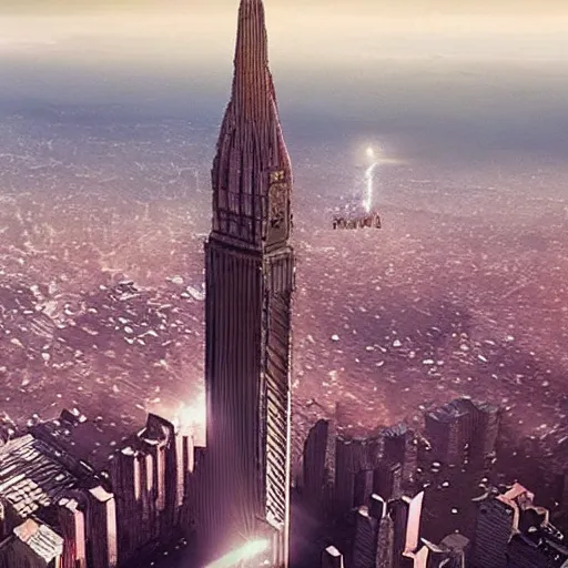 Image similar to Beautiful cinematic scene of a gigantic tower watching over a city, on top of a mountain, epic, megalophobia, cinematic lighting, insanely detailed, directed by Denis Villeneuve and Wes Anderson, filmic