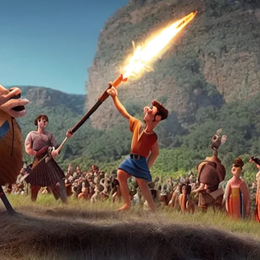 Image similar to film still of David vs Goliath bible story in the style of Disney Pixar Up (2009)