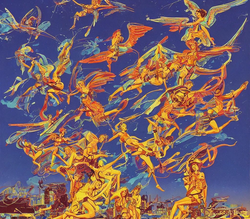 Image similar to sacred angels fighting in the skies of seattle, gouache, stylised, illustration, by syd mead, mati klarwein, and moebius