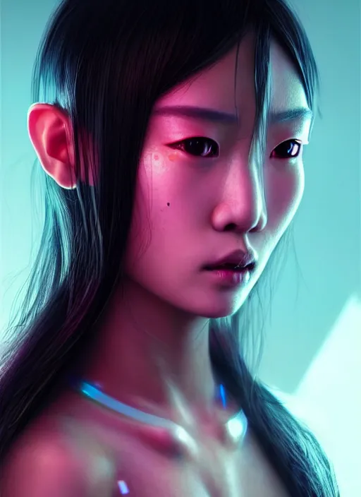 Image similar to photorealistic portrait of asian female humanoid, freckled skin, cyber neon lightings, highly detailed, cyberpunk high fashion, elegant, crispy quality, trending in artstation, trending in pinterest, glamor pose, no signature, no watermark, cinematic, octane render, art by artgerm, art by greg rutkowski, art by pascal blanche