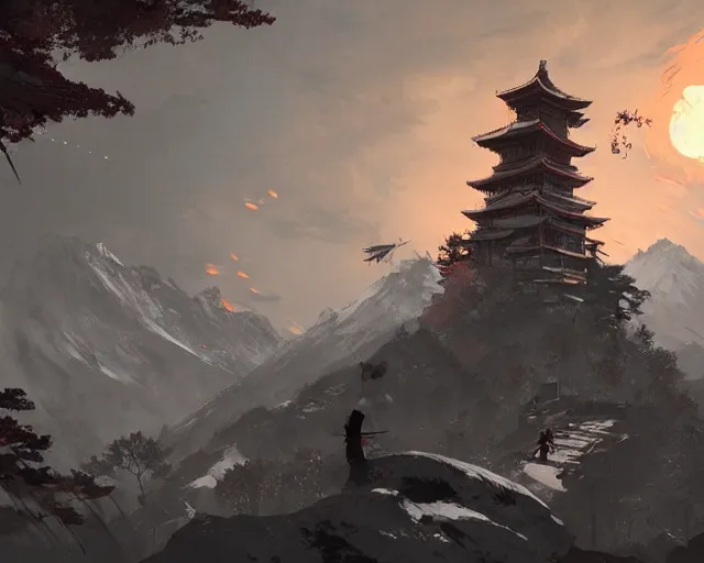 Prompt: sekiro mountain, ismail inceoglu