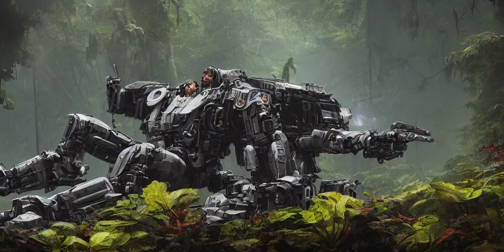 Image similar to an intricate concept art of a military pilot of giant mechanical robot resting in the rainforest, sci - fi film color palette, concept art, environment design, vfx, unreal engine 5, artstation, deviantart, octane render, cinematic, michael bay film inspired