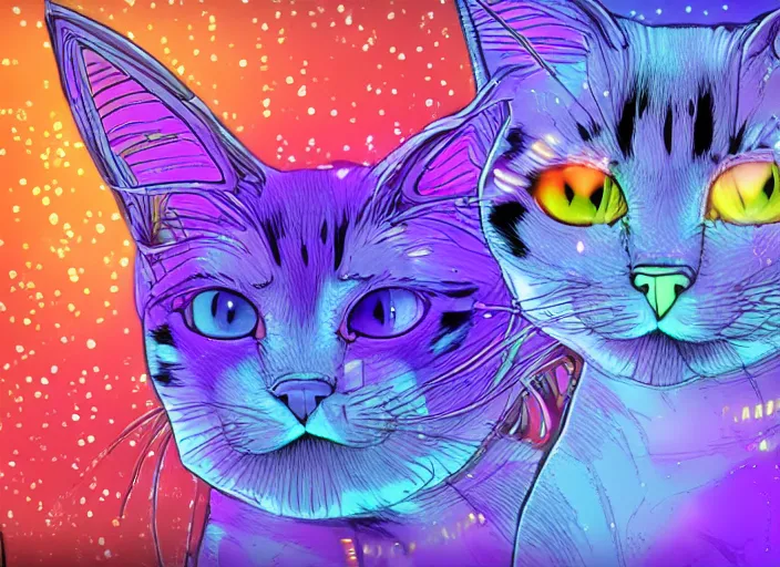 Prompt: coloring book drawing of a cat from a musical sparkly digital space opera, animated film, volumetric lighting, octane render