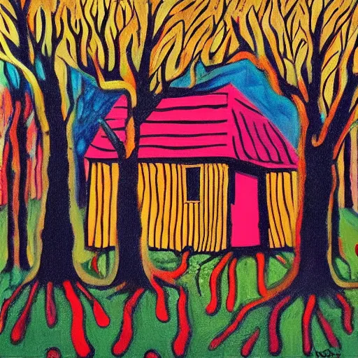 Image similar to a painting of a eerie cabin in the middle of the woods in the style of yayoi kusama