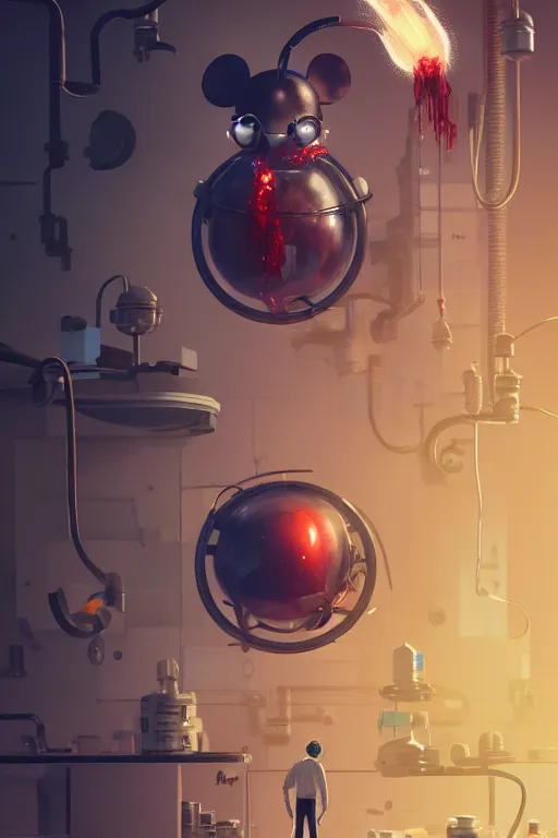 Image similar to mechanics scientist in lab facility looking at bloody mickey mouse head lifted by claw,, made by beeple, cgsociety, artgerm, greg rutkowski, highly detailed intricate 4 k art, low light cinematic, octane render, unreal engine, smooth concept art