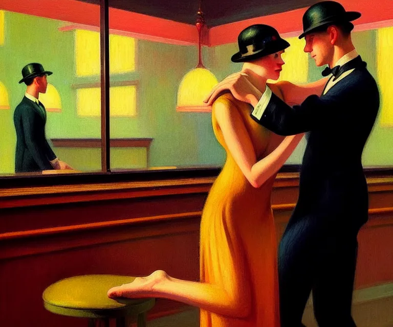 Prompt: a beautiful classy dancing couple, dimly lit upscale 1920s speakeasy, relaxed pose, art deco, detailed painterly digital art style by Edward Hopper, retro vibe, 🍸, 8k octane beautifully detailed render, post-processing, extremely hyperdetailed, intricate, epic composition, grim yet sparkling atmosphere, cinematic lighting + masterpiece, trending on artstation, very detailed, vibrant colors, Art Nouveau, masterpiece