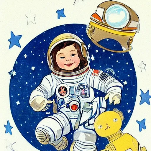 Prompt: a cute little girl with a round cherubic face, blue eyes, and short wavy light brown hair smiles as she floats in space with stars all around her. she is an astronaut, wearing a space suit. beautiful painting with highly detailed face by quentin blake and alphonse mucha