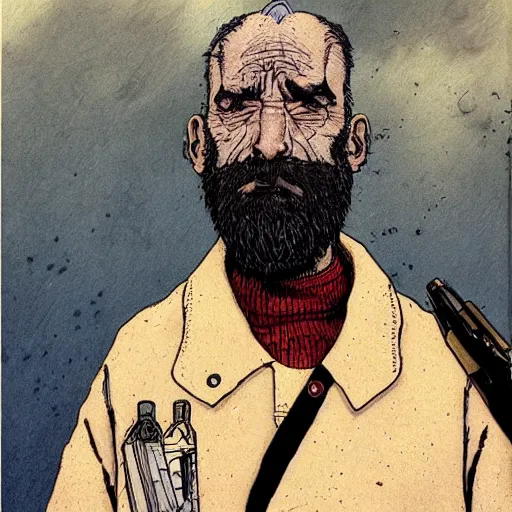 Image similar to a stunning render of a middle aged man with a greying beard by enki bilal and jean giraud moebius