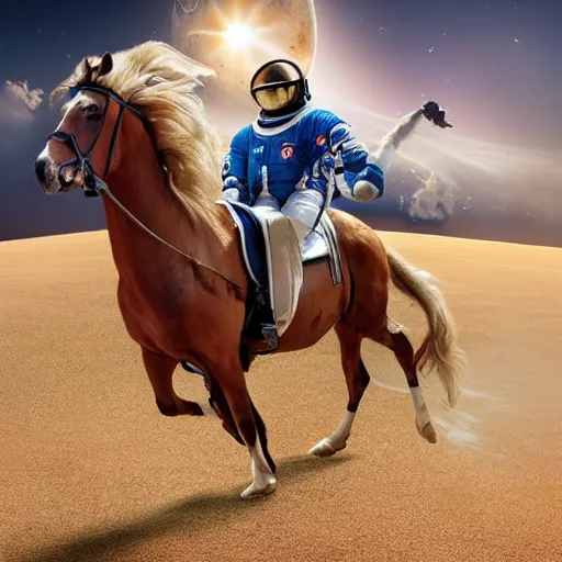 Image similar to A realistic photograph of an astronaut riding a horse