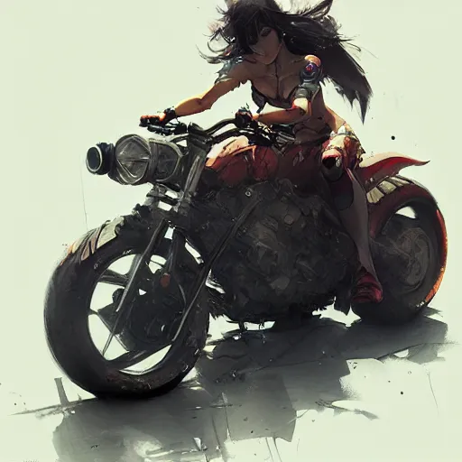 Image similar to concept art of motorcycle, highly detailed painting by dustin nguyen, akihiko yoshida, greg tocchini, greg rutkowski, cliff chiang, 4 k resolution, trending on artstation, 8 k