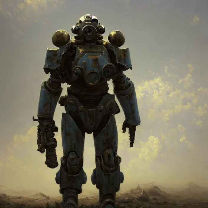 Image similar to a beautiful oil painting of a t - 5 1 power armor, fallout, fallout 4 by ivan aivazovsky and greg rutkowski and james gurney and frank lloyd and sung choi and monet, in style of impressionnisme. hyper detailed, sharp focus, soft light. unreal engine 5 lumen. ray tracing. trending on artstation. oil on canvas