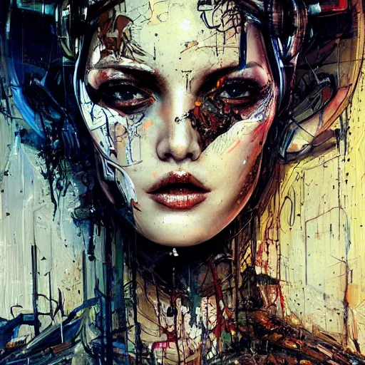 Prompt: sexy beautiful woman head made of mech mask rendered in unreal engine, cyberpunk, dark scifi, painted by david burliuk | bernard buffet | carne griffiths | wlop