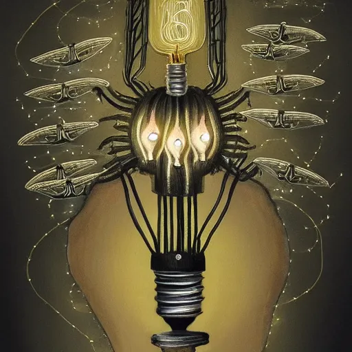 Image similar to beautiful painting of the benevolent spirit of lightbulbs surrounded by mechanical fireflies in the style of Welder Wings and H. R. Giger. Dark background, detailed, trending on Artstation