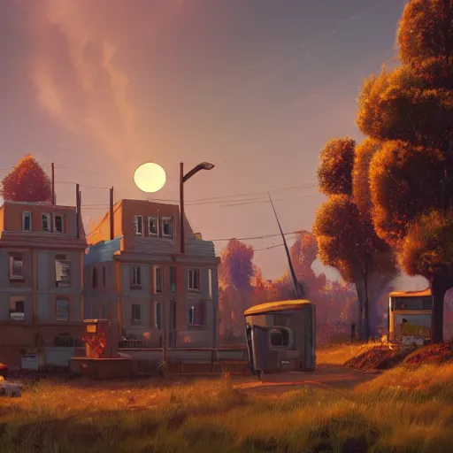 Image similar to some atompunk buildings with the sun shining through the clouds in utopia by Simon Stålenhag and Greg Rutkowski,In style of Grant Wood.hyper detailed,8K Resolution,unreal engine 5,epic lighting,Ray Tracing,highly realistic